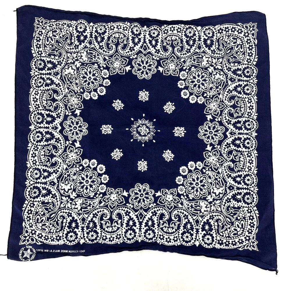 Vintage Navy Blue Bandana Paisley 100% Cotton Handkerchief Made in USA RN 15187